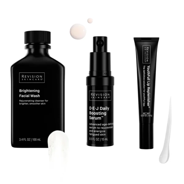 Three Revision Skincare products: Brightening Facial Wash, DEJ Daily Boosting Serum, YouthFull Lip Replenisher. Dark packaging, visible product textures included.