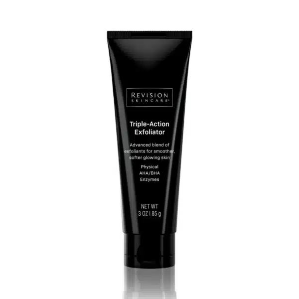 A black tube of Revision Skincare's Triple-Action Exfoliator, featuring an advanced blend for glowing skin, weighing 85 grams.
