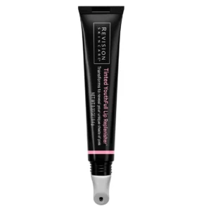 A black tube of Revision Skincare Tinted YouthFull Lip Replenisher with a silver applicator, featuring pink text detailing product benefits and size.