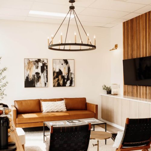 This image depicts a modern living room with a brown leather couch, two chairs, abstract art, a chandelier, a TV on a wooden panel, and decorative plants.